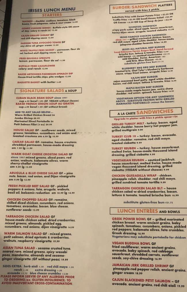 Irises Cafe Menu, Plattsburgh, NY